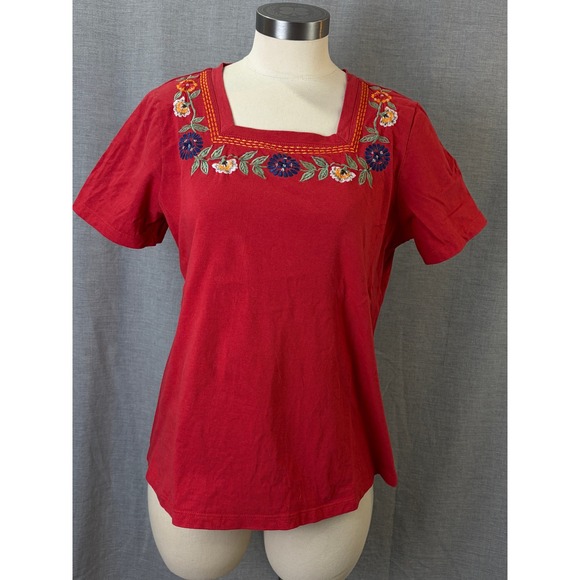 The vermont country store Tops - Vermont‎ Country Store Red Floral Embroidered Cotton Square Neck Top M Boho